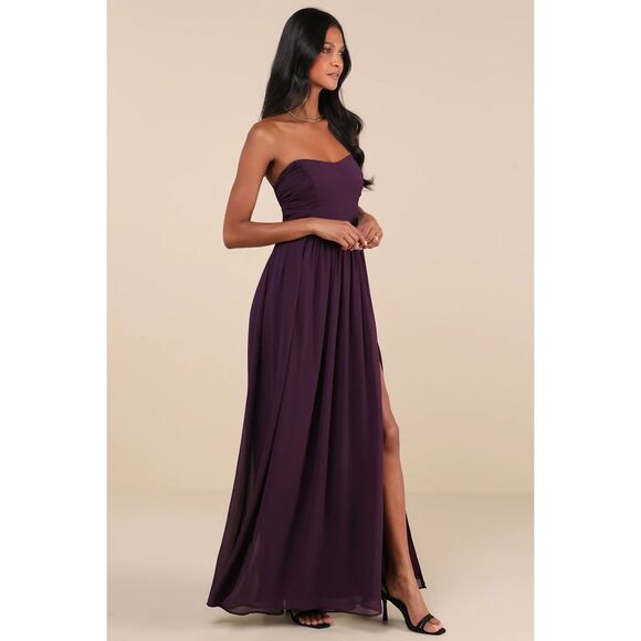 Lulus Luxe Favorite Dark Purple Strapless Ruched Maxi Dress Size S NWT - Picture 4 of 9